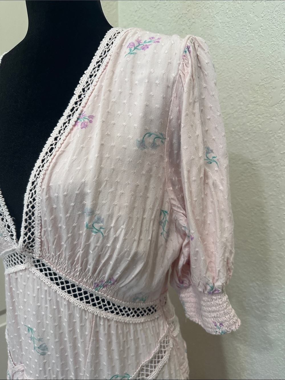 Free People Pale Pink Floral Maxi Dress with Lace Insets - Picture 3 of 13